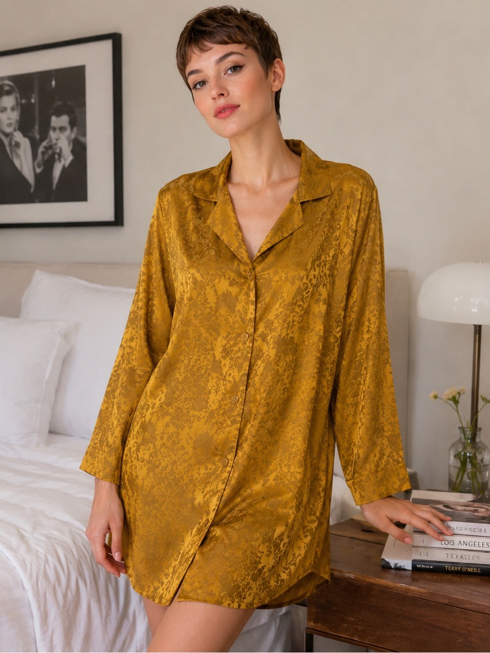 Victorias Secret 90’s Y2K Gold Nightshirt Jacquard Print Petite Small Oversized